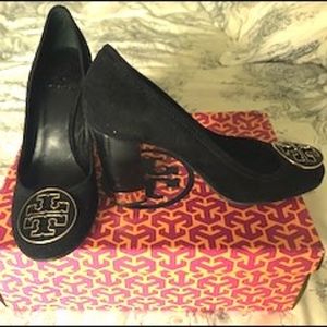 Tory Burch Black Suede Gold Tip Heels - image 1